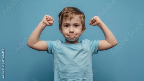 Front view of small caucasian boy four years old standing in front of blue background studio shot standing confident flexing muscles smiling growing up and strength and health concept