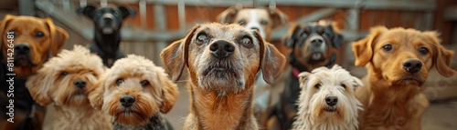 A diverse pack of dogs featuring a Jack Russell terrier, a cocker spaniel, a samoyed, and a vizsla, all looking up attentively