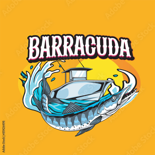 Vector Illustration of Barracuda Fish with Boat and Waves with Vintage Illustration Available for Fishing Badge