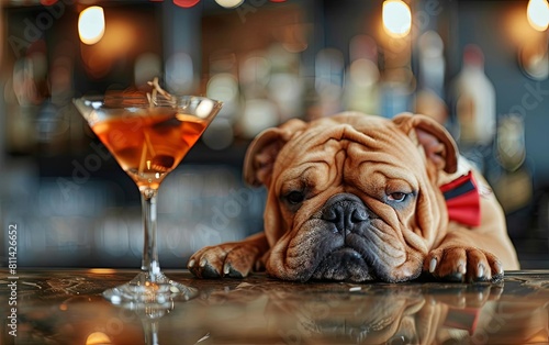 A goofy bulldog in a bow tie, slumped over a bar counter with a halffinished martini in front of him © CassiOpeiaZz