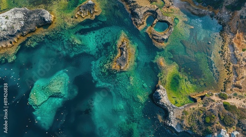 Aerial view of a vast body of water bordered by rocky terrain, showcasing a beautiful natural landscape with a mix of terrestrial plants and trees AIG50