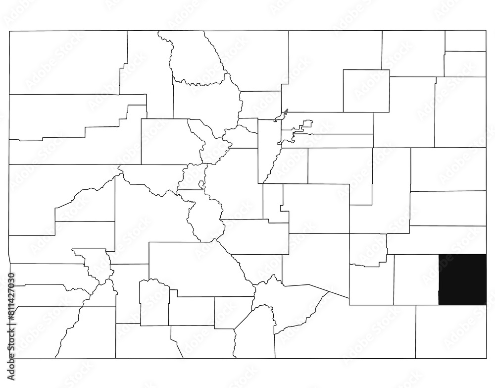 Map of prowers County in Colorado state on white background. single County map highlighted by black colour on Colorado map. UNITED STATES, US