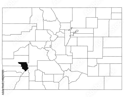 Map of ouray County in Colorado state on white background. single County map highlighted by black colour on Colorado map. UNITED STATES, US photo