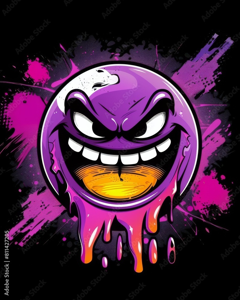 A cartoon character with an evil face and dripping paint, designed for a vibrant tshirt graphic in isolated black background A cartoon character with an evil face and dripping paint, designed for a vibrant tshirt graphic in isolated black background