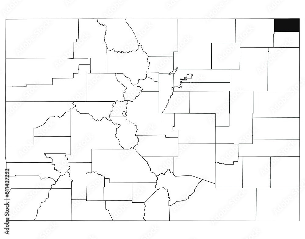 Map of Sedgwick County in Colorado state on white background. single County map highlighted by black colour on Colorado map. UNITED STATES, US Map of Sedgwick County in Colorado state on white background. single County map highlighted by black colour on Colorado map. UNITED STATES, US