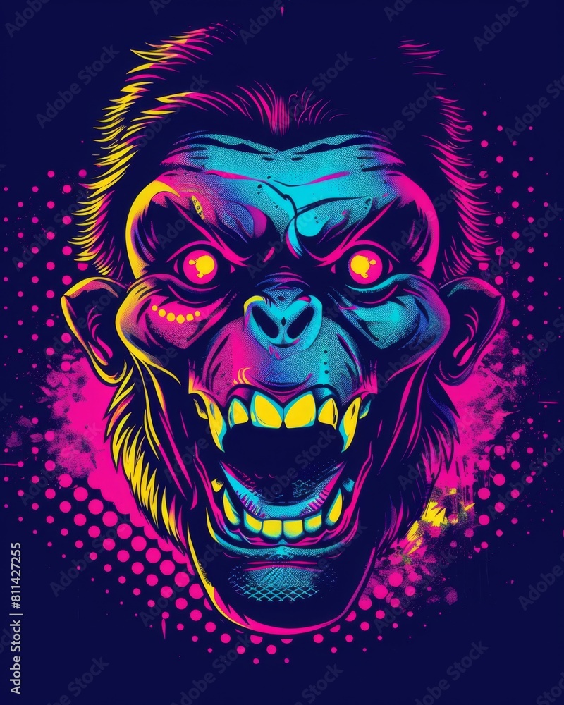 A menacing gorilla with glowing eyes and sharp fangs on a vibrant t-shirt graphic design A menacing gorilla with glowing eyes and sharp fangs on a vibrant t-shirt graphic design