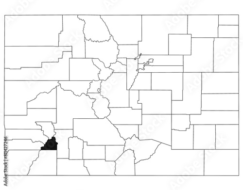 Map of San Juan County in Colorado state on white background. single County map highlighted by black colour on Colorado map. UNITED STATES, US photo