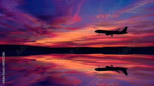 A plane is flying over a body of water with a beautiful sunset in the background