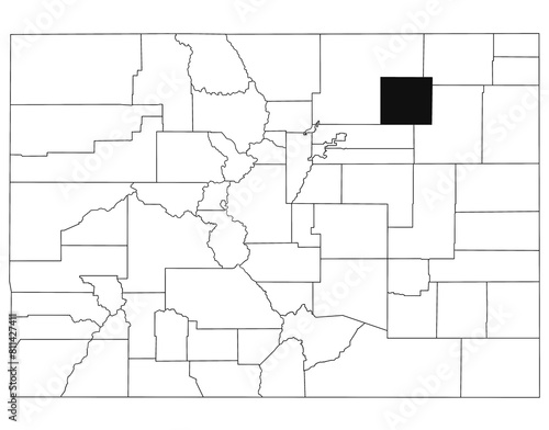 Map of Morgan County in Colorado state on white background. single County map highlighted by black colour on Colorado map. UNITED STATES, US photo