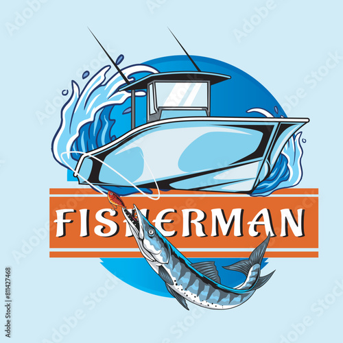 Vector Illustration of Barracuda Fish with Boat and Waves with Vintage Illustration Available for Fishing Badge