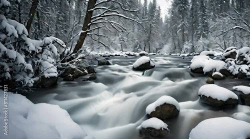snowy with flowing rive photo