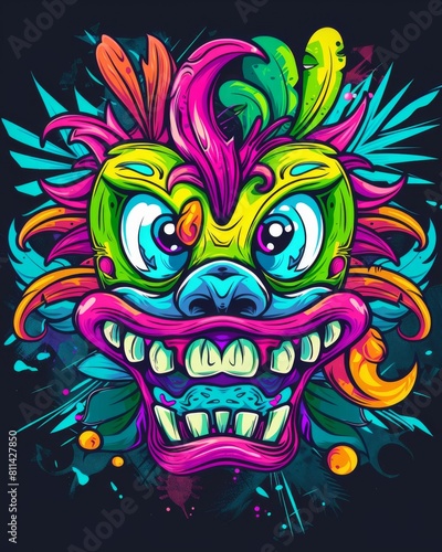 A vibrant  colorful mask against a dark background  perfect for t-shirt designs