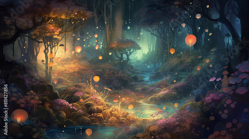 A bewitching anime style illustration of a hidden forest sanctuary where witches gather for their annual ritual, illuminated by floating orbs of light and bioluminescent plants, the air thick with mys © Ruslan