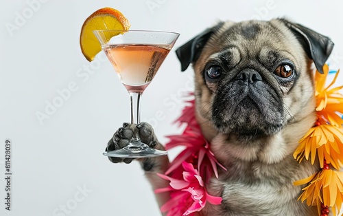 A pug with droopy eyes, holding a martini glass in one paw and looking tipsy while wearing a party lei