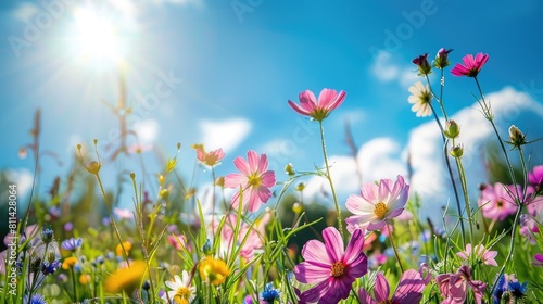 Flowers on the sunny meadow with blue sky photo