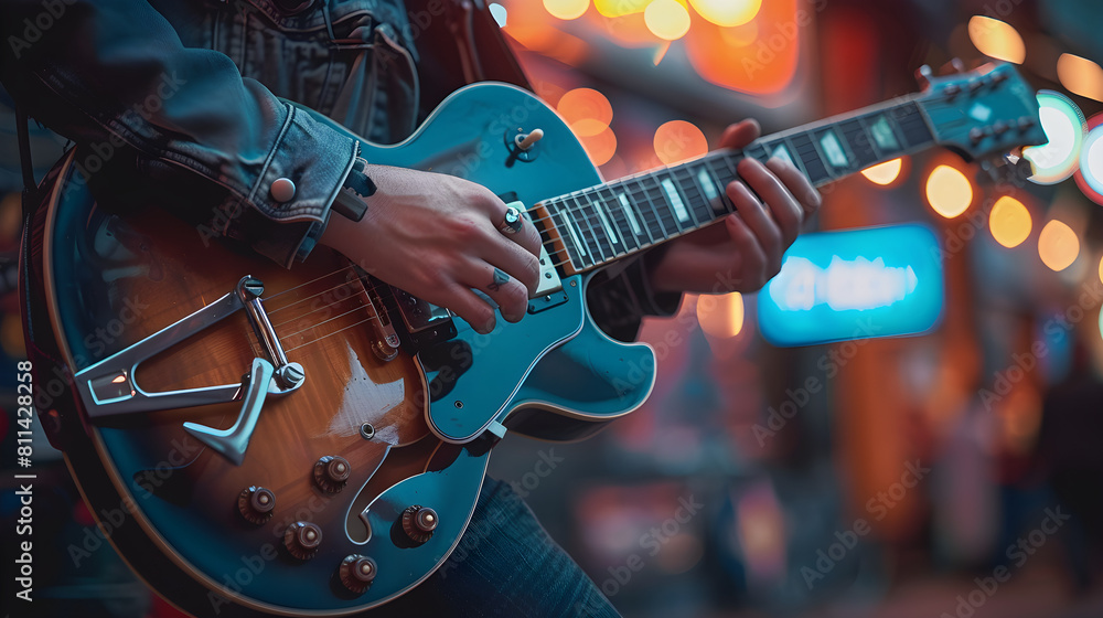 Obraz premium A person playing guitar, creating music and showcasing their talent. Suitable for music-related events and leisure activities.