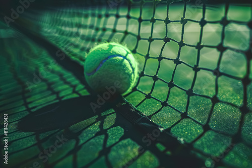 close-up of tennis ball on green grass court for sports tournaments and outdoor activities, wimbledon competiotn banner concept