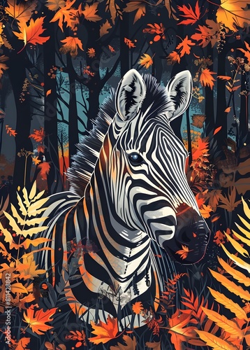 Zebra Headshot Amid Autumnal Forest Foliage