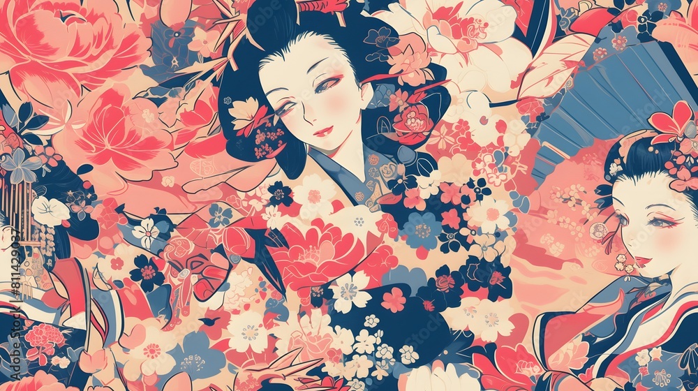 Fototapeta premium seamless pattern of japanese geisha woman with kimono abstrack gouache painting for fabric design, art print, textiles, wallpaper, and more