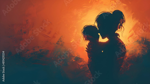 Silhouette illustration of a mother hugging her son/daughter, perfect for celebrating Mother's Day or showing love and affection.