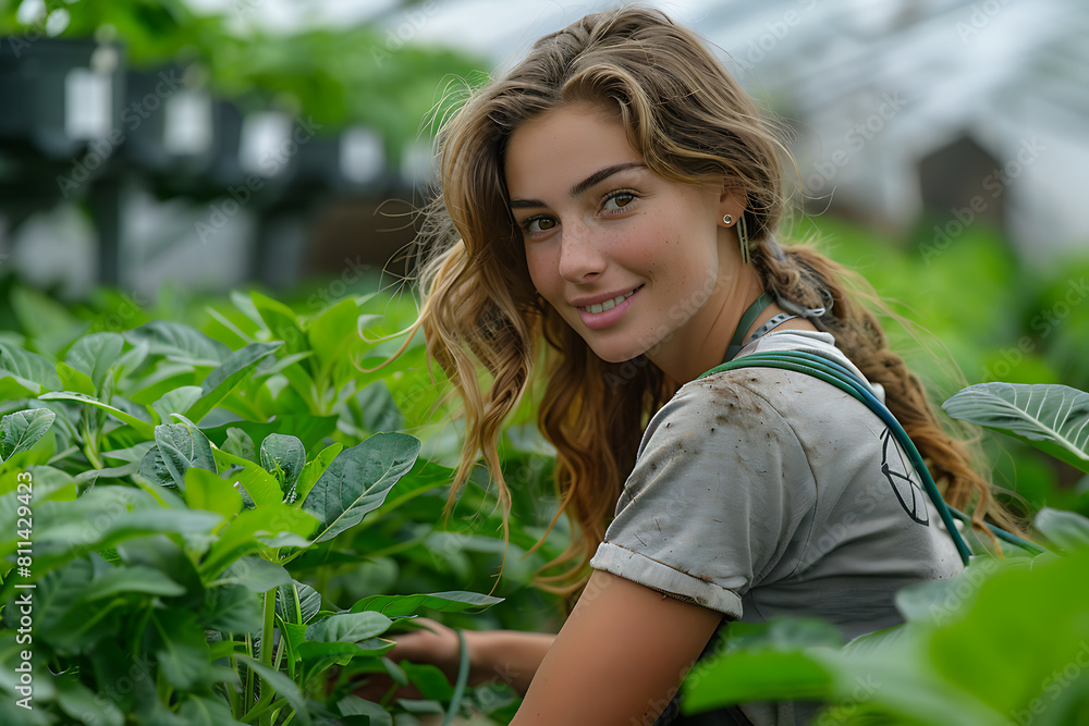 Under the sun's warmth, a female gardener tenderly waters plants and lavender flowers with a hose, nurturing nature's beauty Under the sun's warmth, a female gardener tenderly waters plants and lavender flowers with a hose, nurturing nature's beauty