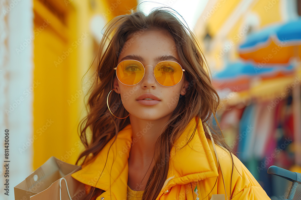 A vibrant young woman in sunglasses sits in a shopping cart, holding paper bags against a yellow background, exuding shopping joy A vibrant young woman in sunglasses sits in a shopping cart, holding paper bags against a yellow background, exuding shopping joy