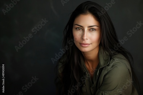 Portrait of a beautiful woman in her late thirties, wearing an olive shirt and having long dark hair, looking at the camera with a soft smile on a black background with soft studio lighting