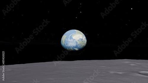3D render of Earth rising over the moon's surface as viewed by Apollo mission
