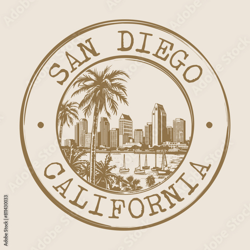San Diego, California Stamp City Postmark. Silhouette Postal Passport. Round Vector Icon. Vintage Postage Design.	
