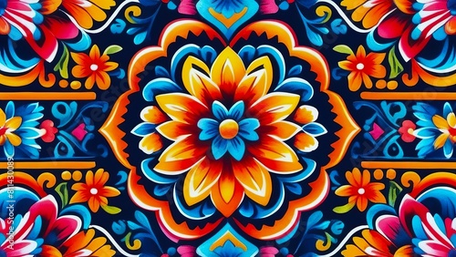 colorful mandala with floral motif against dark background. concepts  Mexican ornament  cultural events  festivals and celebrations  peace  harmony  spiritual balance  backgrounds for websites