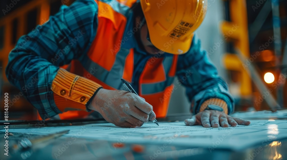 A constructionthemed image showing a hand adjusting a building blueprint with an architects helmet and safety vest in view A constructionthemed image showing a hand adjusting a building blueprint with an architects helmet and safety vest in view