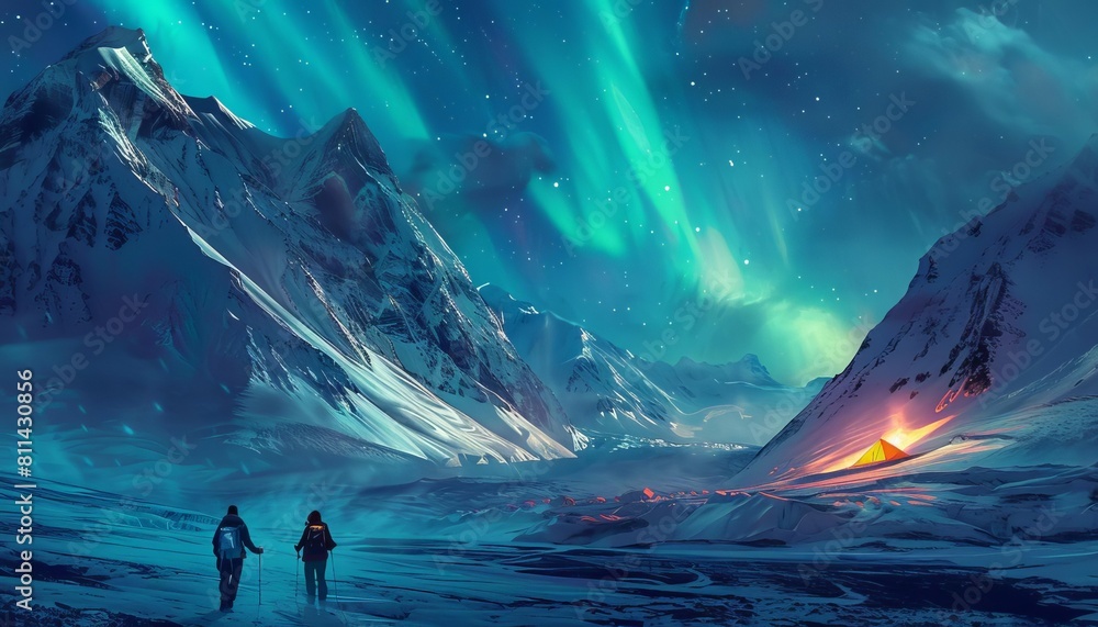 A couple hiking to their remote campsite under the light of the aurora, surrounded by snowy peaks A couple hiking to their remote campsite under the light of the aurora, surrounded by snowy peaks