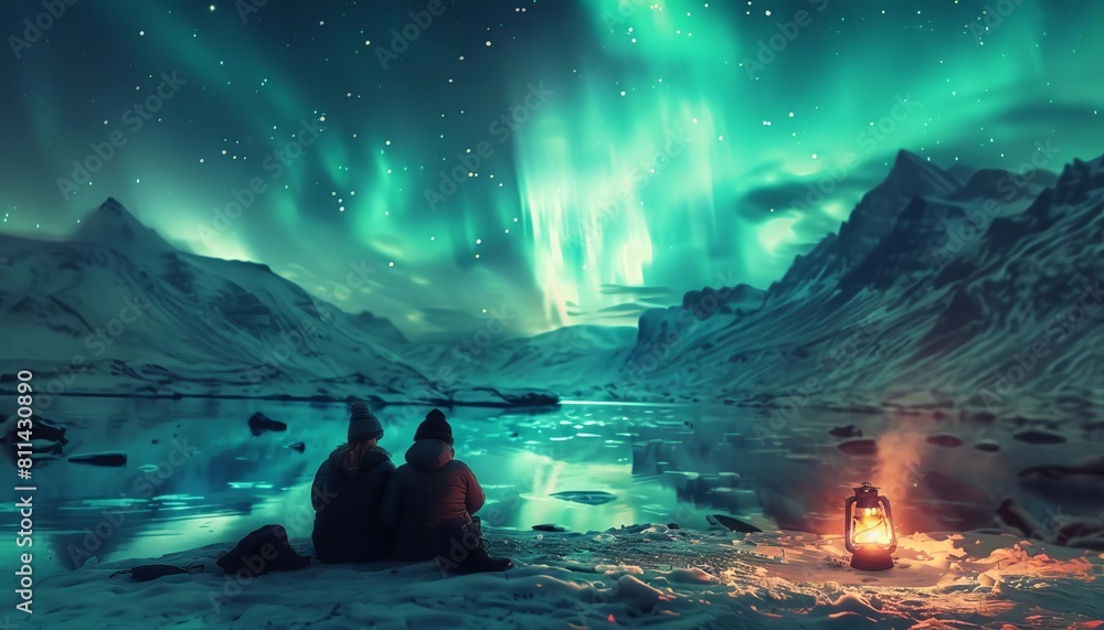 A couple of hikers enjoying the warmth of a portable heater at a campsite under the magical aurora