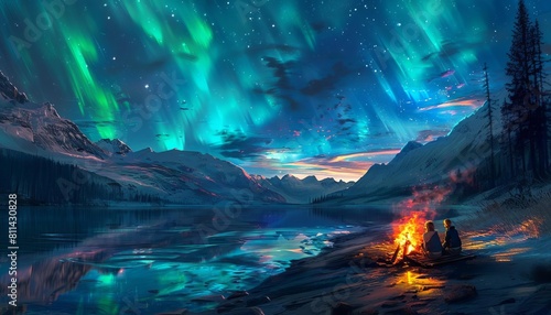 A couple cooking together over a campfire, with the aurora borealis illuminating the sky above them