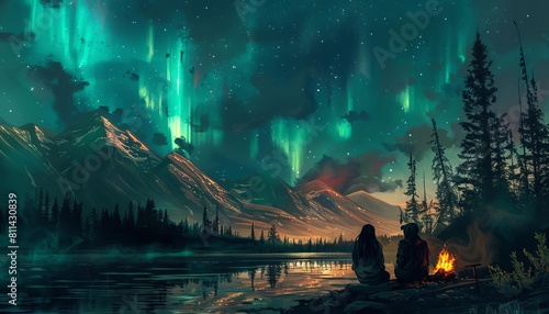 A couple enjoying a quiet moment, sipping hot drinks and watching the aurora from their campsite in the forest © Nawarit