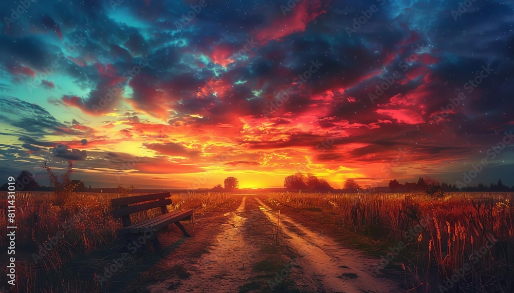A crossroads at sunset, the sky painted with vivid colors, and an old wooden bench facing the intersecting paths
