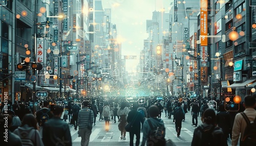 A crowded city street where pedestrians use augmented reality devices to navigate and access realtime information