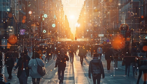 A crowded city street where pedestrians use augmented reality devices to navigate and access realtime information © Nawarit