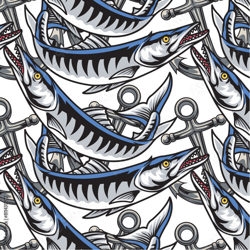 Vector Illustration of Barracuda Fish and Anchor with Vintage Illustration Available for Pattern
