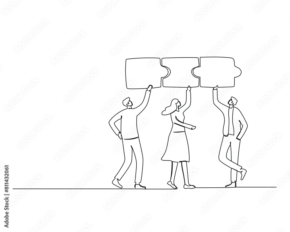 Continuous single one line drawing three  businessman, each other carrying the puzzle pieces. Teamwork of employee putting the puzzle together.  Design vector illustration