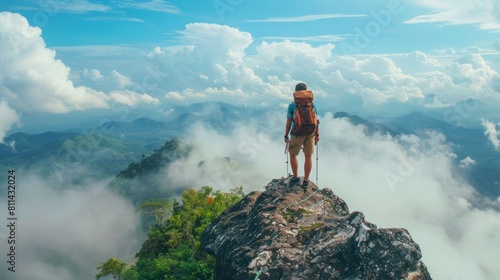 The backpacker embraces the challenges of the climb, rewarded by the breathtaking panoramic view at the summit.