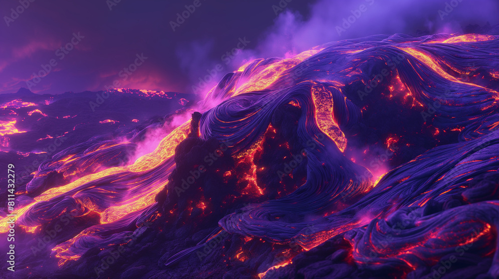 Fototapeta premium A glowing fluorescent lava flow in a volcanic landscape, vibrant, hd, with copy space