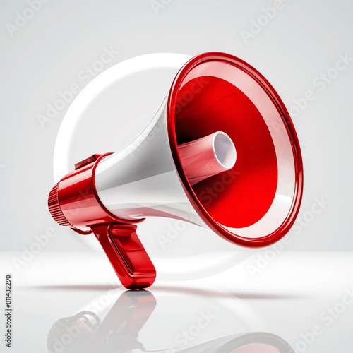 A stunning, realistic 3D render illustration of a red and white megaphone isolated on white background AI generated photo