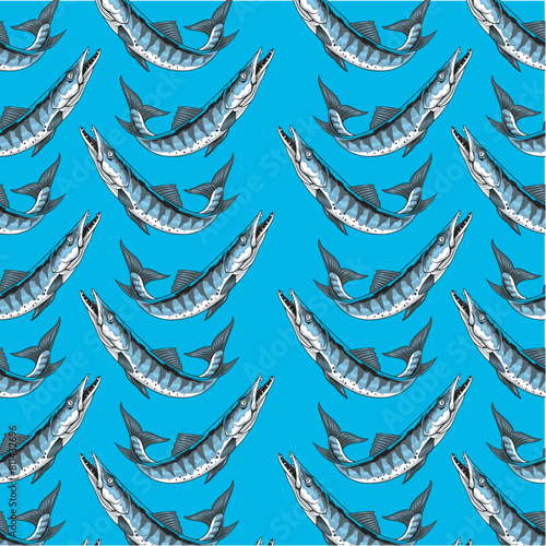 Vector Illustration of Barracuda Fish with Vintage Illustration Available for Pattern