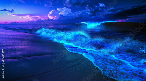 A surreal scene of glowing fluorescent waves crashing on a beach, vibrant, hd, with copy space