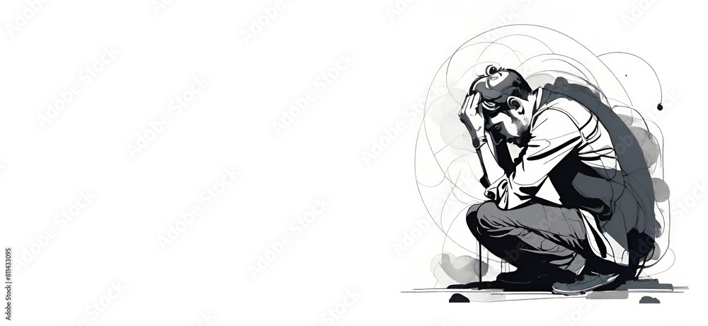 Obraz premium an emotional sad, depressed and mentally tired man dropped on his knees while holding his head