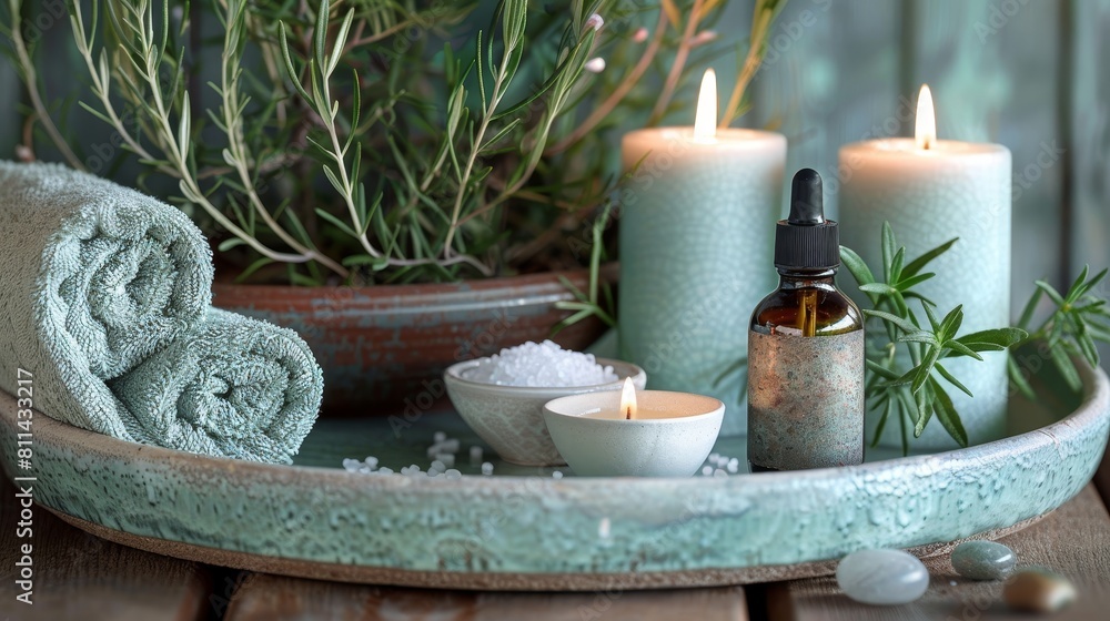 Peaceful close-up of a ceramic tray with home spa essentials, candlelight, bath salts, a rolled towel, and bath oil arranged neatly Peaceful close-up of a ceramic tray with home spa essentials, candlelight, bath salts, a rolled towel, and bath oil arranged neatly
