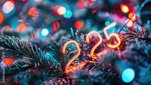 text  2025  neon light numbers glowing on colorful background with blurred new year tree branches and lights. New Year celebration concept.