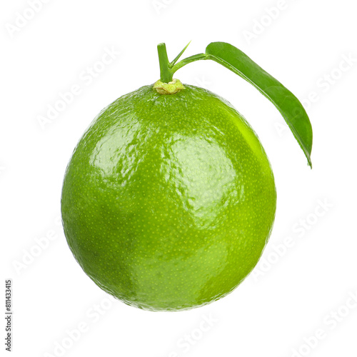 Fresh green ripe lime with leaf isolated on white
