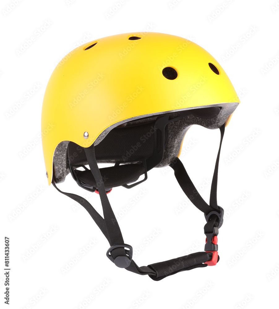 Fototapeta premium Yellow protective helmet isolated on white. Sports equipment